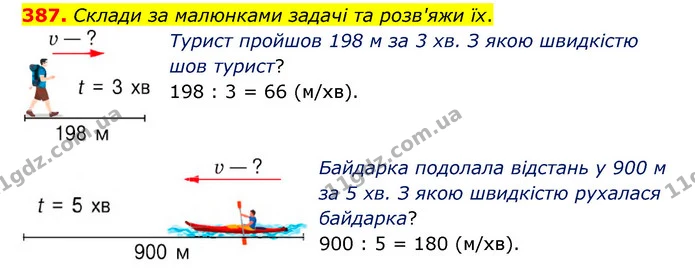 387. Склади за малюнками задачі та розв'яжи їх. — ГДЗ Математика 4 клас Бевз 1 та 2 частини