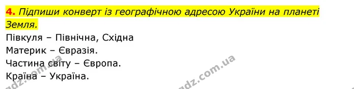 4. Підпиши конверт із географічною адресою України на планеті Земля. — ГДЗ Робочий зошит Я досліджую світ 4 клас Грущинська