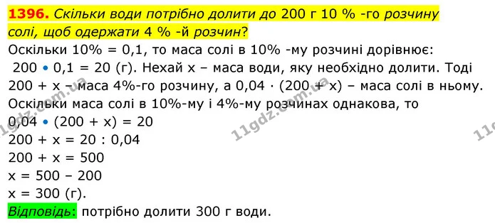 1396. Скільки води потрібно долити до 200 г 10 % -го розчину — ГДЗ Математика 5 клас Тарасенкова 2022