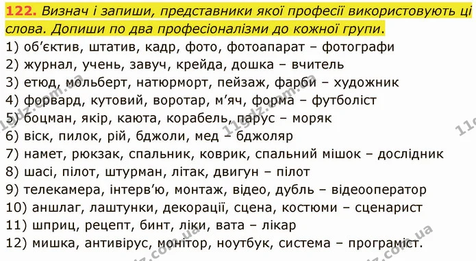 122. Визнач і запиши, представники якої професії використовують ці слова. Допиши по два професіоналізми до кожної групи. — ГДЗ Українська мова 5 клас Онатій