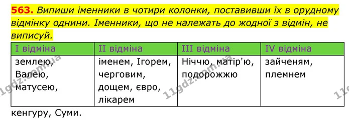 563. Випиши іменники в чотири колонки, поставивши їх в орудному відмінку однини. Іменники, що не належать до жодної з відмін, не — ГДЗ Українська мова 6 клас Онатій