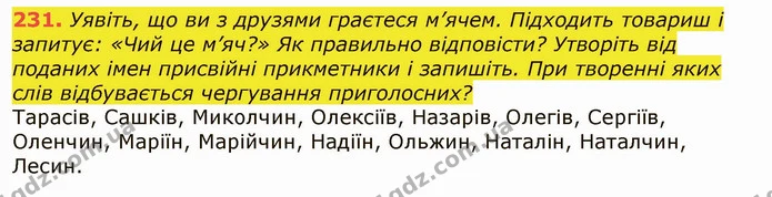 231. Уявіть, що ви з друзями граєтеся м’ячем. Підходить товариш і запитує: «Чий це м’яч?» Як правильно відповісти? Утворіть від поданих — ГДЗ Українська мова 6 клас Заболотний 2019