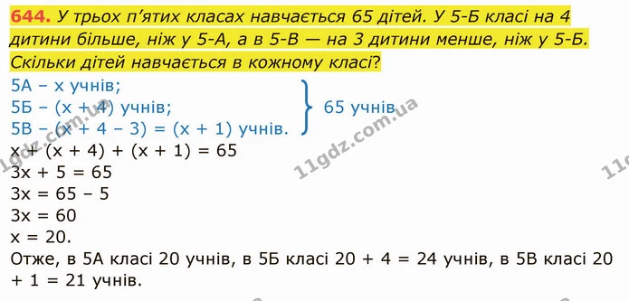644. У трьох п’ятих класах навчається 65 дітей. У 5-Б класі на 4 дитини більше, ніж у 5-А, а в 5-В — на 3 дитини менше, ніж у 5-Б — ГДЗ Математика 5 клас Тарасенкова 2022