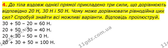 4. До тіла вздовж однієї прямої прикладено три сили, що дорівнюють відповідно 20 Н, 30 Н і 50 Н. Чому може дорівнювати рівнодійна цих — ГДЗ Фізика 7 клас Засєкіна