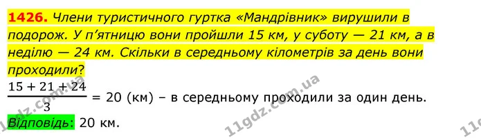 1426. Члени туристичного гуртка «Мандрівник» вирушили в подорож. У п’ятницю вони пройшли 15 км, у суботу — 21 км, а в неділю — 24 км — ГДЗ Математика 5 клас Тарасенкова 2022