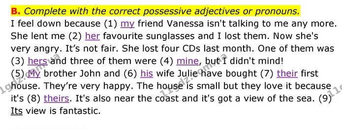 B. Complete with the correct possessive adjectives or pronouns. — ГДЗ Робочий зошит Англійська мова 6 клас Мітчелл