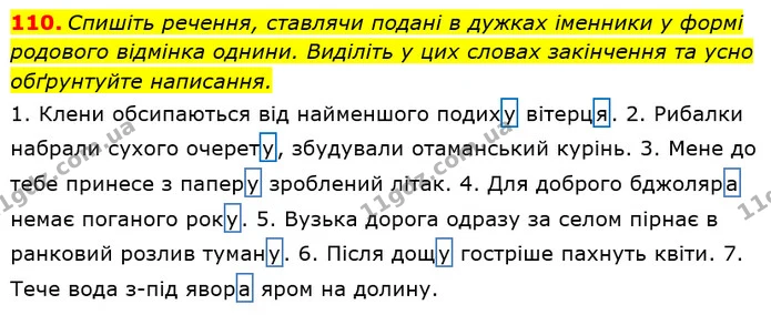 110. Спишіть речення, ставлячи подані в дужках іменники у формі родового відмінка однини. Виділіть у цих словах закінчення та усно — ГДЗ Українська мова 6 клас Заболотний 2019