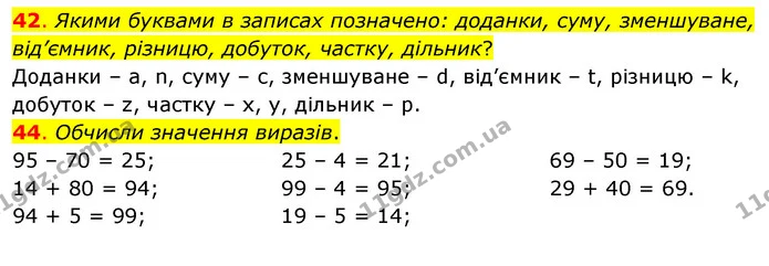 42. Якими буквами в записах позначено: доданки, суму, зменшуване, від’ємник, різницю, добуток, частку, дільник? — ГДЗ Математика 3 клас Бевз 1 частина