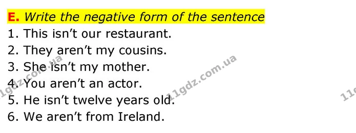 E. Write the negative form of the sentence — ГДЗ зошит Англійська мова 5 клас Мітчелл