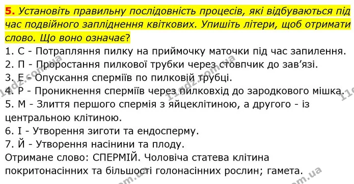 5. Установіть правильну послідовність процесів, які відбуваються під час подвійного запліднення квіткових. Упишіть літери, щоб отримати — ГДЗ робочий зошит Біологія 7 клас Кулініч
