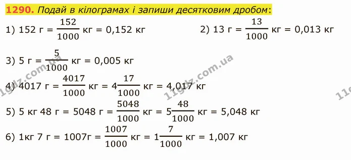 1290. Подай в кілограмах і запиши десятковим дробом: — ГДЗ Математика 5 клас Істер 2022