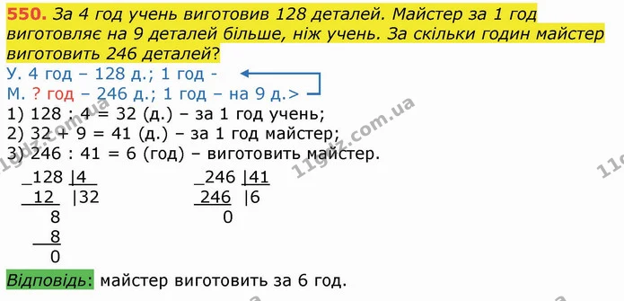 550. За 4 год учень виготовив 128 деталей. Майстер за 1 год виготовляє на 9 деталей більше, ніж учень. За скільки годин майстер — ГДЗ Математика 4 клас Лишенко 1-2 ч.