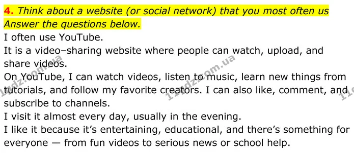 4. Think about a website (or social network) that you most often us Answer the questions below. — ГДЗ Англійська мова 8 клас Карпюк 2025