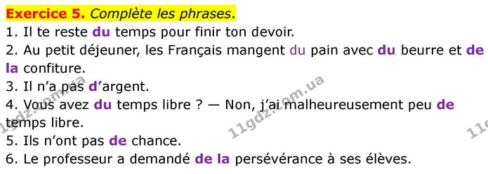 Exercice 5. Complète les phrases. — ГДЗ Французька мова 7 клас Чумак
