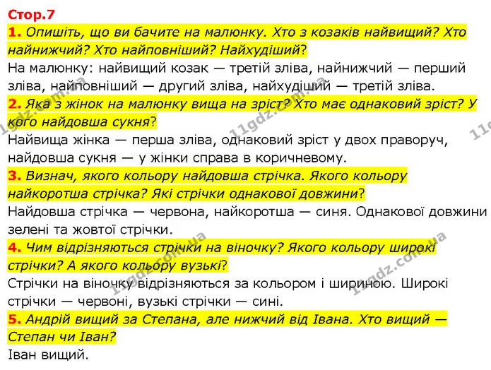 1. Опишіть, що ви бачите на малюнку. Хто з козаків найвищий? Хто найнижчий? Хто найповніший? Найхудіший? — Решебник Математика 1 клас Оляницька
