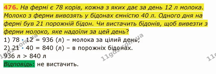 476. На фермі є 78 корів, кожна з яких дає за день 12 л молока. Молоко з ферми вивозять у бідонах ємністю 40 л. Одного дня на фермі був — ГДЗ Математика 5 клас Мерзляк