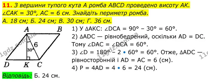 11. З вершини тупого кута A ромба ABCD проведено висоту AK. — ГДЗ Геометрія 8 клас Істер