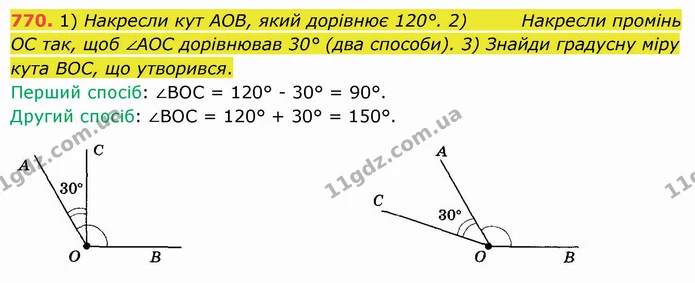 770. 1) Накресли кут АОВ, який дорівнює 120°. 2) Накресли промінь ОС так, щоб ∠АОС дорівнював 30° (два способи). 3) Знайди градусну — ГДЗ Математика 5 клас Істер 2022
