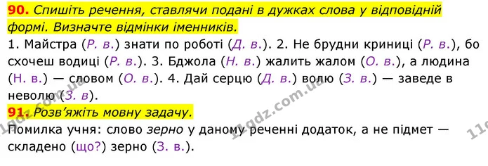 90. Спишіть речення, ставлячи подані в дужках слова у відповідній формі. Визначте відмінки іменників. — ГДЗ Українська мова 6 клас Ворон, Солопенко