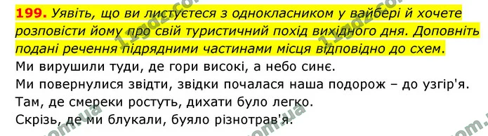 199. Уявіть, що ви листуєтеся з однокласником у вайбері й хочете розповісти йому про свій туристичний похід вихідного дня. Доповніть — ГДЗ Українська мова 9 клас Заболотний