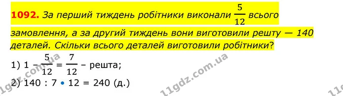 1092. За перший тиждень робітники виконали 512 всього замовлення, а за другий тиждень вони виготовили решту — 140 деталей. Скільки — ГДЗ Математика 6 клас Бевз 1-2 ч.