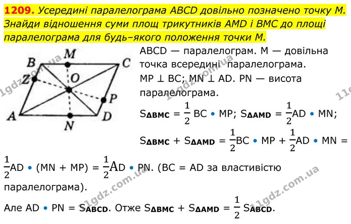 1209. Усередині паралелограма ABCD довільно позначено точку М. Знайди відношення суми площ трикутників AMD і BMC до площі паралелограма — ГДЗ Геометрія 8 клас Бевз