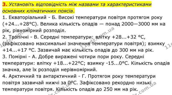 3. Установіть відповідність між назвами та характеристиками основних кліматичних поясів. — ГДЗ зошит для практичних Географія 7 клас Довгань