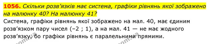 1056. Скільки розв’язків має система, графіки рівнянь якої зображено на малюнку 40? На малюнку 41? — ГДЗ Алгебра 7 клас Істер 2020