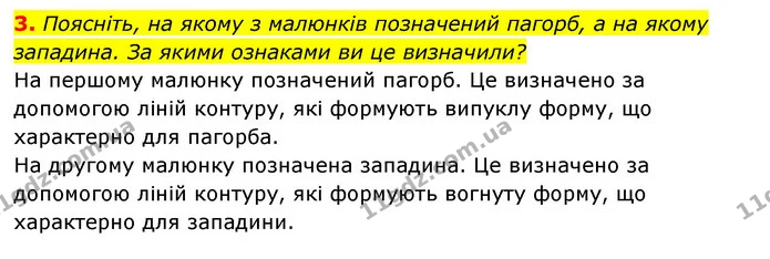 3. Поясніть, на якому з малюнків позначений пагорб, а на якому западина. За якими ознаками ви це визначили? — ГДЗ Географія 6 клас Кобернік (2023)