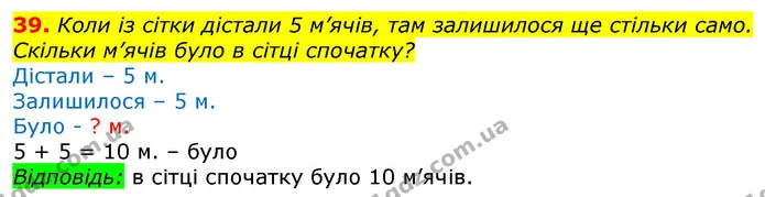 39. Коли із сітки дістали 5 м’ячів, там залишилося ще стільки само. Скільки м’ячів було в сітці спочатку? — ГДЗ Математика 3 клас Листопад 1-2 ч.