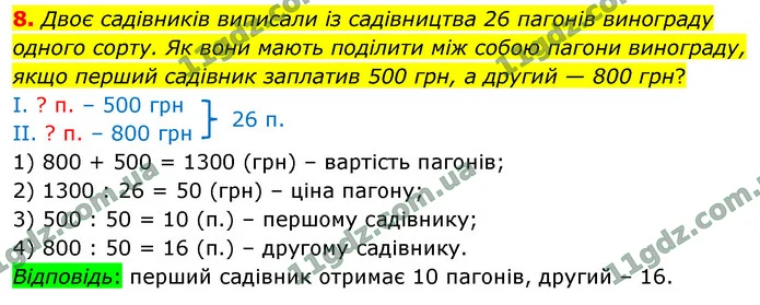 8. Двоє садівників виписали із садівництва 26 пагонів винограду одного сорту. Як вони мають поділити між собою пагони винограду, якщо — ГДЗ Математика 4 клас Логачевська 1-2 ч. 2021