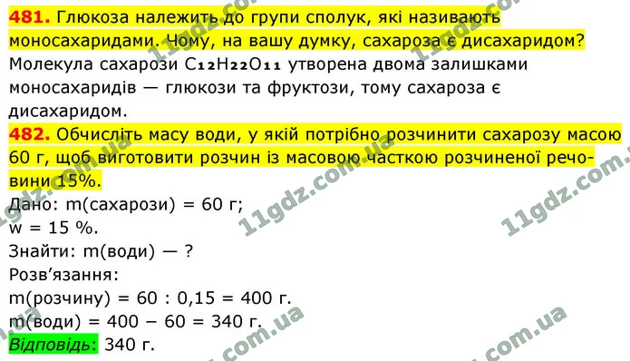 481. Глюкоза належить до групи сполук, які називають моносахаридами. Чому, на вашу думку, сахароза є дисахаридом? — ГДЗ Хімія 9 клас Попель 2026