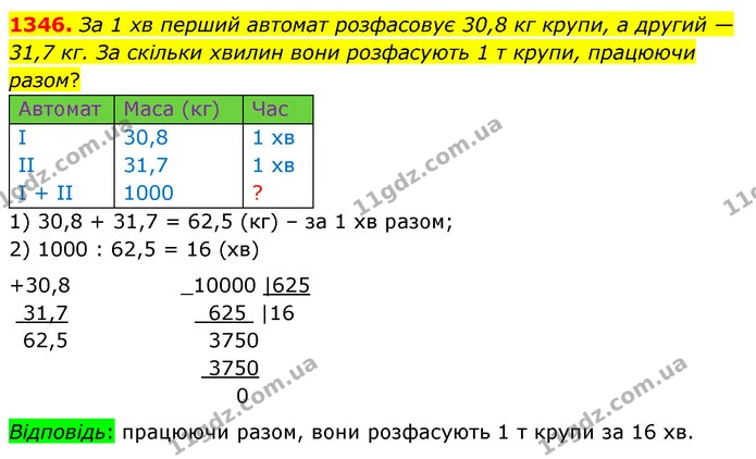 1346. За 1 хв перший автомат розфасовує 30,8 кг крупи, а другий — 31,7 кг. За скільки хвилин вони розфасують 1 т крупи, працюючи разом? — ГДЗ Математика 5 клас Кравчук