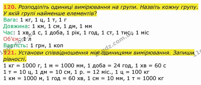 120. Розподіліть одиниці вимірювання на групи. Назвіть кожну групу. У якій групі найменше елементів? — ГДЗ Математика 4 клас Оляницька