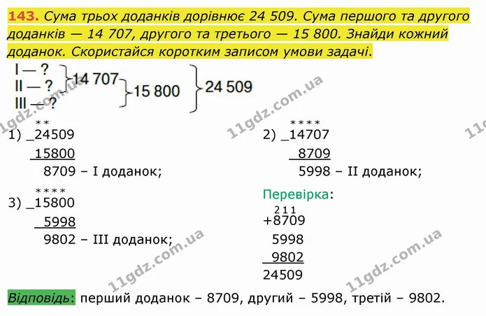 143. Сума трьох доданків дорівнює 24 509. Сума першого та другого доданків — 14 707, другого та третього — 15 800. Знайди кожний — ГДЗ Математика 4 клас Оляницька