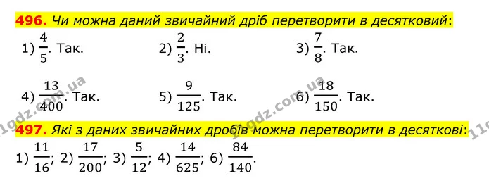 496. Чи можна даний звичайний дріб перетворити в десятковий: — ГДЗ Математика 6 клас Мерзляк 2023 1-2 ч.