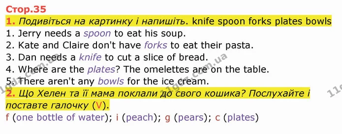 1. Подивіться на картинку і напишіть. knife spoon forks plates bowls — ГДЗ Зошит Англійська мова 4 клас Мітчелл