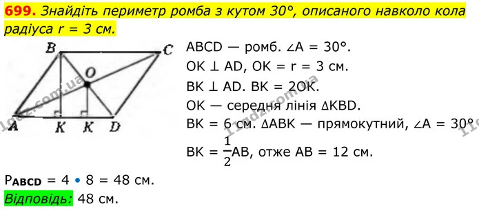 699. Знайдіть периметр ромба з кутом 30°, описаного навколо кола радіуса r = 3 см. — ГДЗ Геометрія 8 клас Бевз