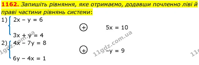 1162. Запишіть рівняння, яке отримаємо, додавши почленно ліві й праві частини рівнянь системи: — Алгебра 7 клас Мерзляк 2024