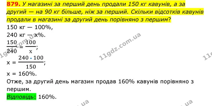879. У магазині за перший день продали 150 кг кавунів, а за другий — на 90 кг більше, ніж за перший. Скільки відсотків кавунів продали — ГДЗ Математика 6 клас Тарасенкова 2023 1-2 ч.