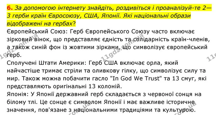 6. За допомогою інтернету знайдіть, роздивіться і проаналізуй-те 2—3 герби країн Євросоюзу, США, Японії. Які національні образи — ГДЗ Зарубіжна література 6 клас Ніколенко