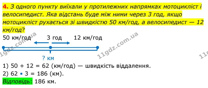 4. З одного пункту виїхали у протилежних напрямках мотоцикліст і велосипедист. Яка відстань буде між ними через 3 год, якщо мотоцикліст — ГДЗ Математика 4 клас Логачевська 1 та 2 частини
