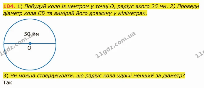 104. 1) Побудуй коло із центром у точці О, радіус якого 25 мм. 2) Проведи діаметр кола СD та виміряй його довжину у міліметрах. — ГДЗ Математика 5 клас Істер 2022