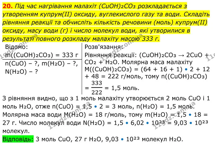 20. Під час нагрівання малахіт (CuOH)₂CO₃ розкладається з утворенням купрум(II) оксиду, вуглекислого газу та води. Складіть рівняння — ГДЗ Хімія 8 клас Мідак