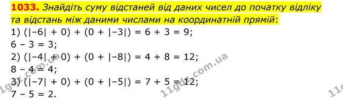 1033. Знайдіть суму відстаней від даних чисел до початку відліку та відстань між даними числами на координатній прямій: — ГДЗ Математика 6 клас Тарасенкова 2023 1-2 ч.