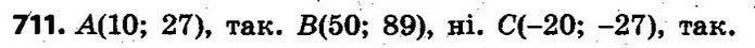 711. Чи проходить графік функції у = 1,8х + 9 через точку: A(10; 27); B(50; 89), C(–20; –27)? — ГДЗ Алгебра 7 клас Кравчук 2015