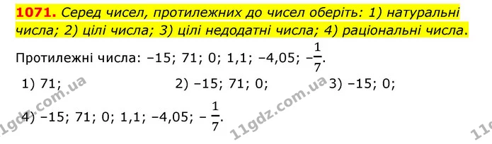 1071. Серед чисел, протилежних до чисел оберіть: 1) натуральні числа; 2) цілі числа; 3) цілі недодатні числа; 4) раціональні числа. — ГДЗ Математика 6 клас Тарасенкова 2023 1-2 ч.