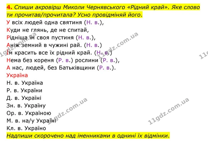 4. Спиши акровірш Миколи Чернявського «Рідний край». Яке слово ти прочитав/прочитала? Усно провідміняй його. — ГДЗ Українська мова 4 клас Чабайовська