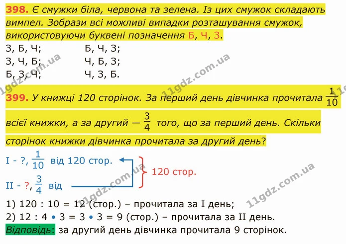 398. Є смужки біла, червона та зелена. Із цих смужок складають вимпел. Зобрази всі можливі випадки розташування смужок, використовуючи — ГДЗ Математика 4 клас Лишенко 1-2 ч.