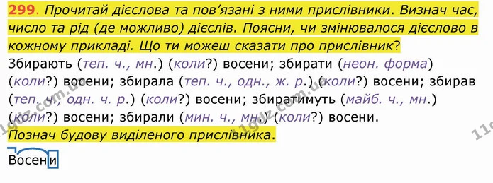 299. Прочитай дієслова та пов’язані з ними прислівники. Визнач час, число та рід (де можливо) дієслів. Поясни, чи змінювалося дієслово — ГДЗ Українська мова та читання 4 клас Захарійчук
